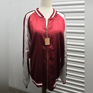 Standard Issue Burgundy Satin Bomber Jacket – Size M, Varsity Stripe Detail